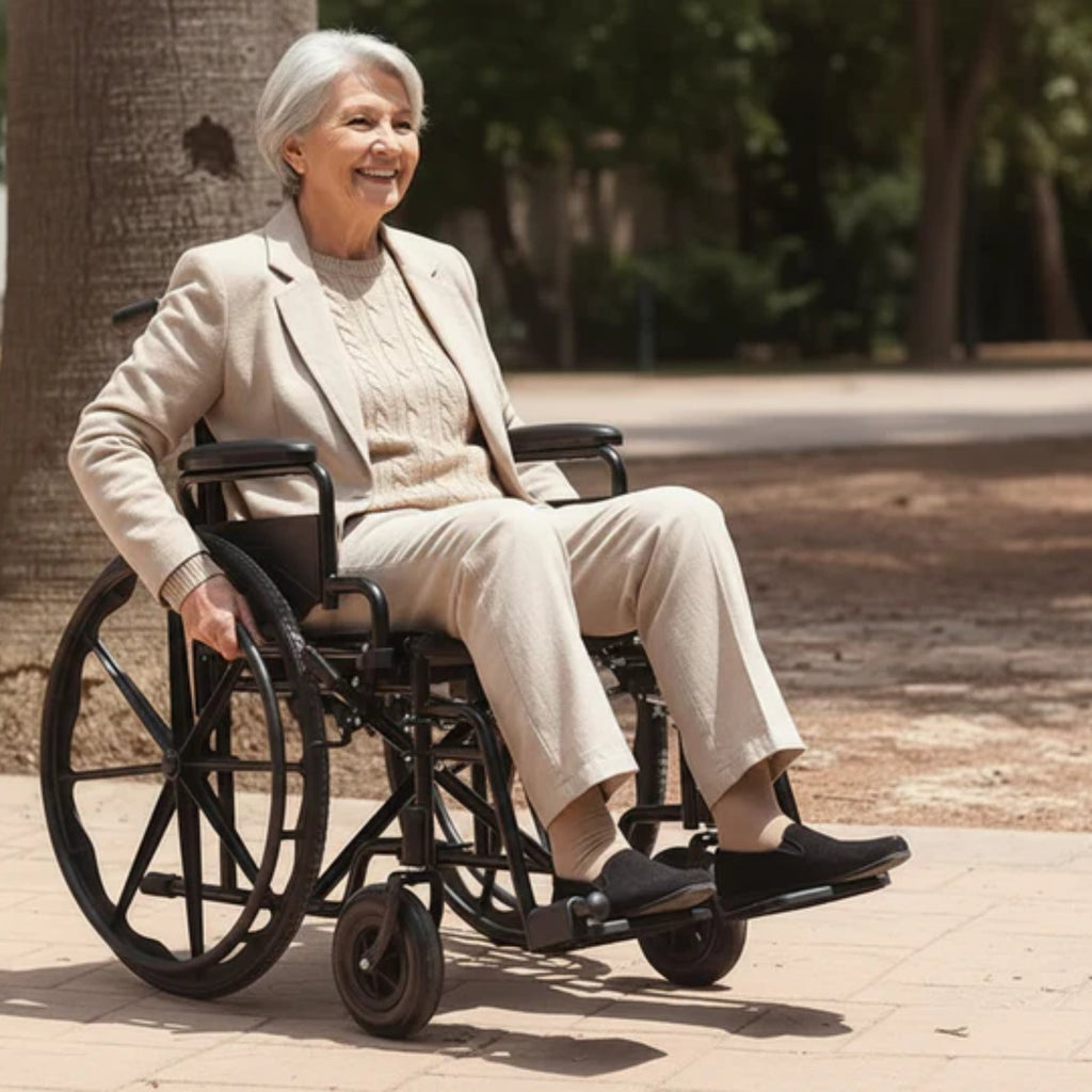 Hopfällbar rullstol med sits 43 cm används utomhus i stadsmiljö, Hjälpmdelesbutik VI HP