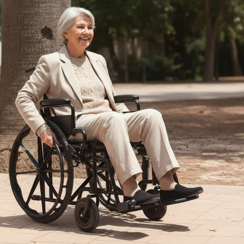 Hopfällbar rullstol med sits 43 cm används utomhus i stadsmiljö, Hjälpmdelesbutik VI HP