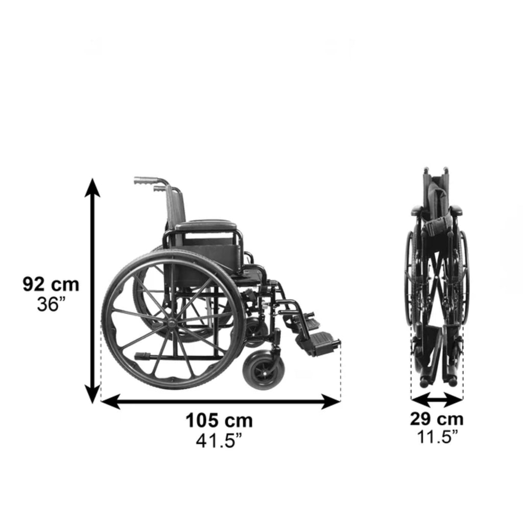 Hopfällbar rullstol med sits 43 cm med mått och hopfällt läge, Hjälpmdelesbutik VI HP