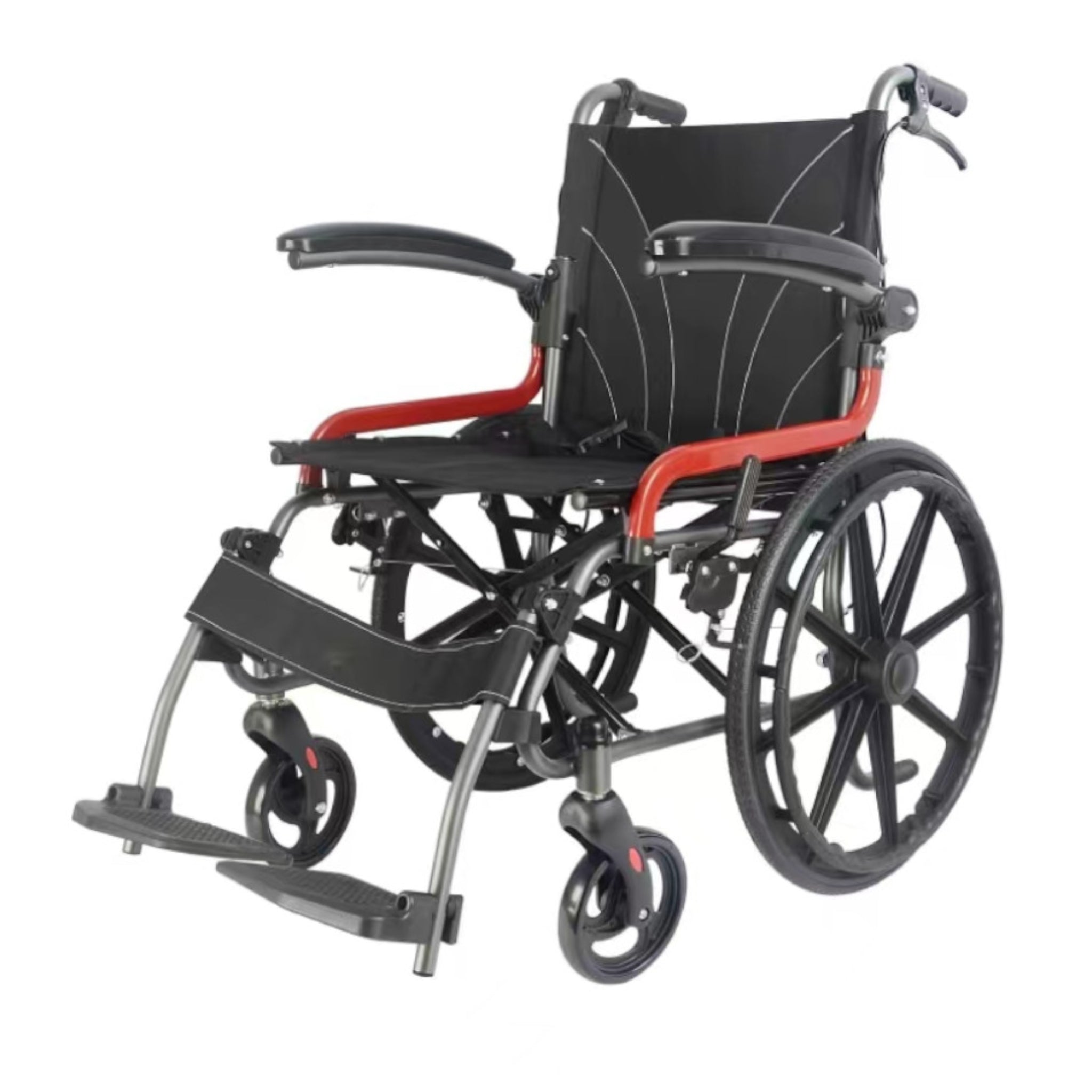 Rullstol i aluminium lätt vikt och hopfällbar i röd och svart färg, Hjälpmedelsbutik VI HP