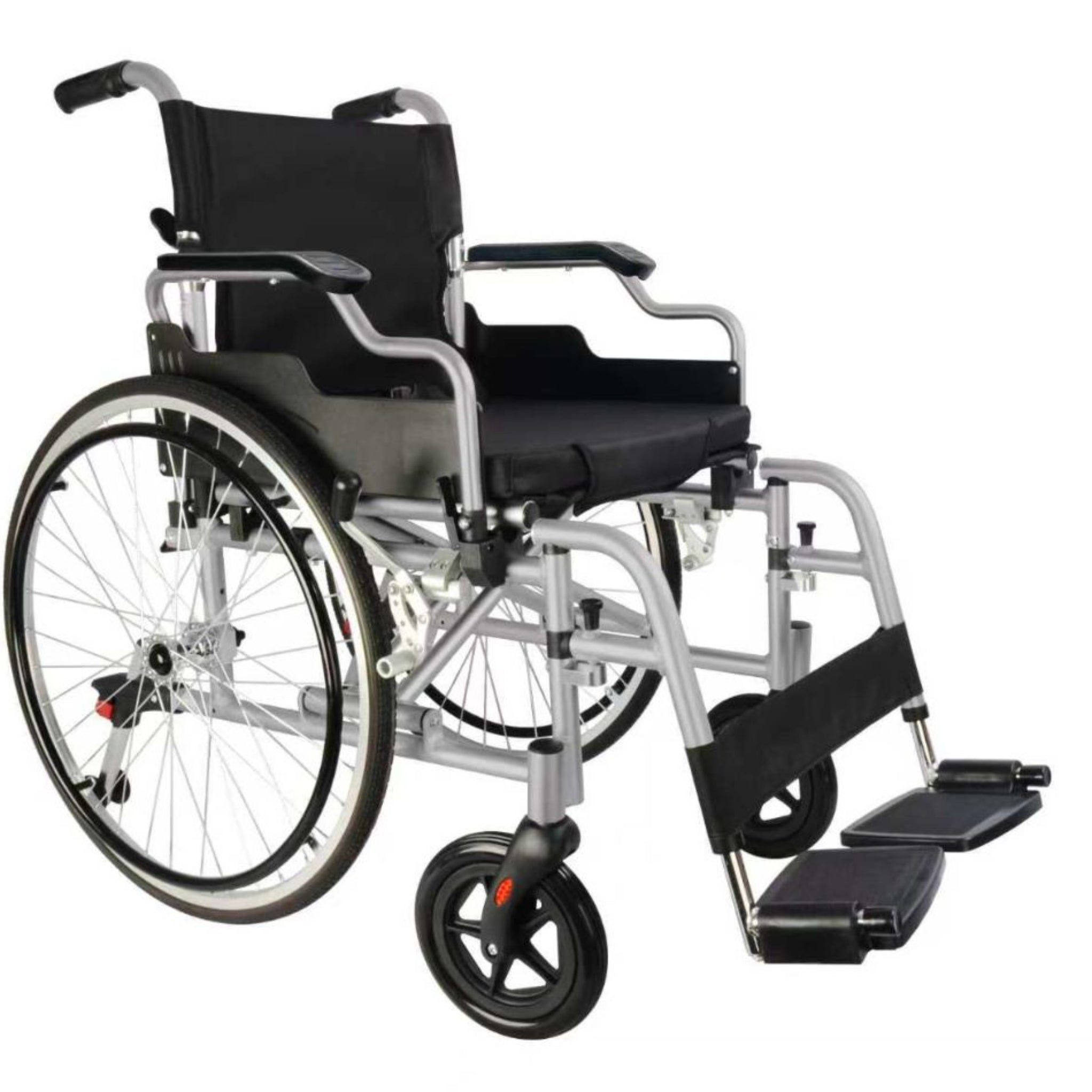 Rullstol med tippstöd i aluminium med stora bakhjul, svängbara framhjul, uppfällbara armstöd och justerbara fotstöd, hjälpmedelsbutik VI HP