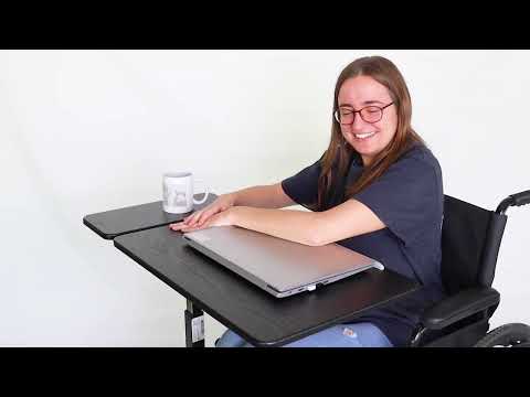 Sängbord med justerbar höjd, lutningsbar bordsskiva och U-formad bas med hjul som visas i rörelse och olika lägen, Hjälpmedelsbutik VI HP